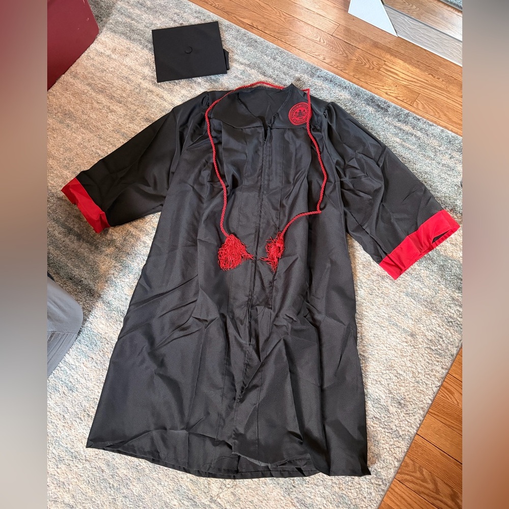 California University of Pennsylvania Black graduation cap/Gown with Red Trim